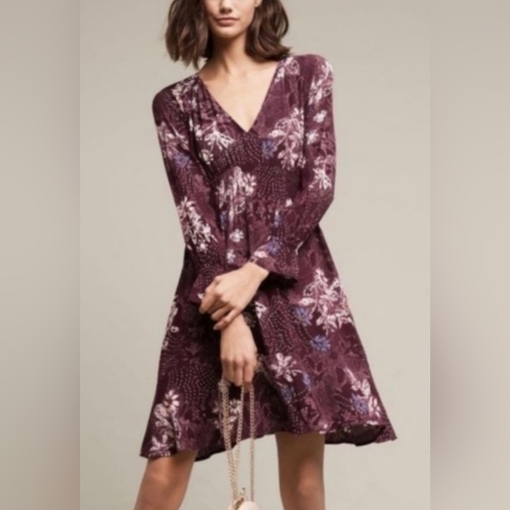 Anthropologie Purple Floral Long Sleeve Dress